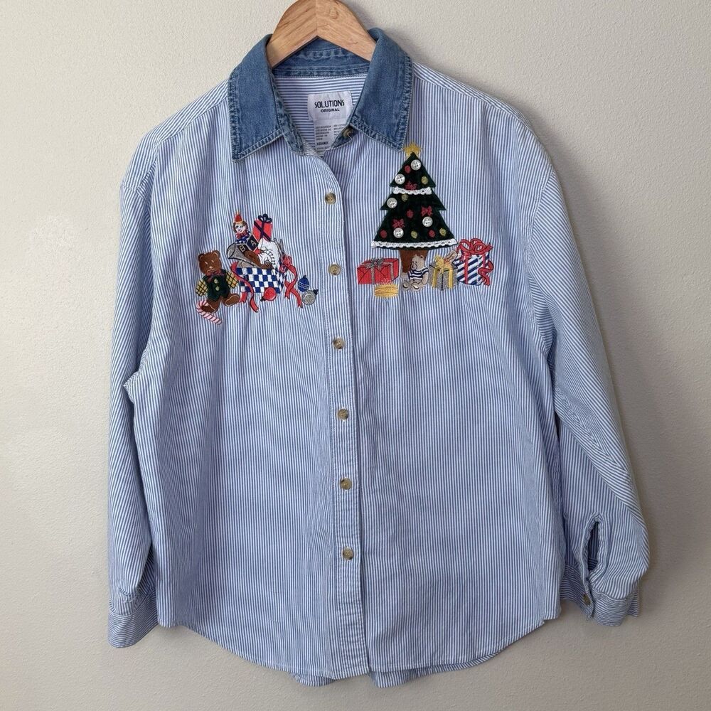 Vtg Solutions Original Christmas Tree Teddy Bear Stripe Denim Collar Womens XL